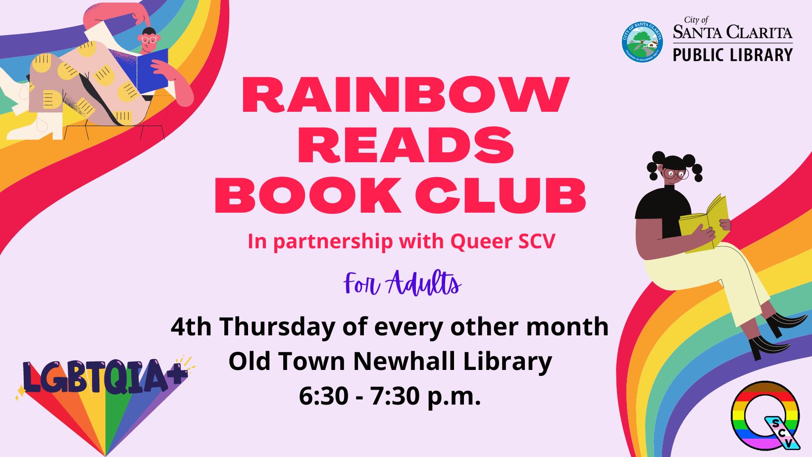 ​​Rainbow Reads Book Club flyer with two people reading on a rainbow
