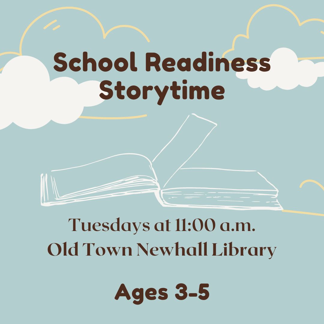 School Readiness Storytime, Tuesdays at 11:00 for ages 3-5. Image is an open book and clouds.