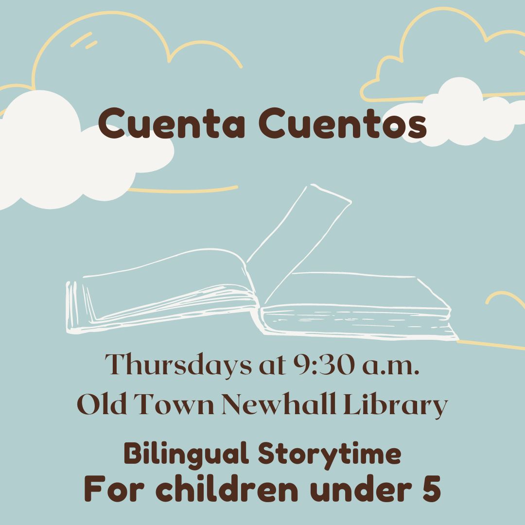 Cuenta Cuentos bilingual storytime for children under 5. Image shows open book with clouds against a blue sky.