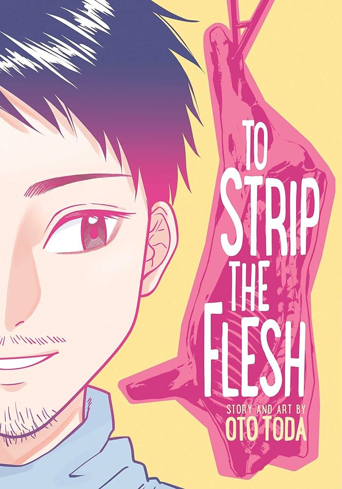 The cover of To Strip the Flesh, a drawing of a person with meat hanging from a hook