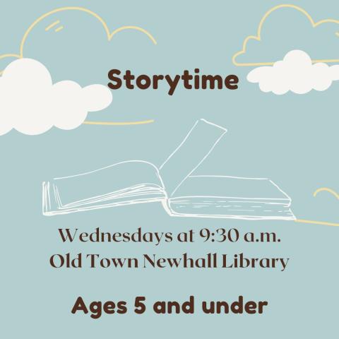 Storytime for children under five on Wednesdays at 9:30. Image is an open book and clouds.