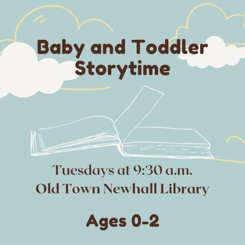 Baby and Toddler Storytime, Tuesdays at 9:30 for ages 0-2. Image is an open book and clouds.