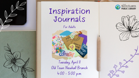 Inspiration Journals flyer showing photo of assorted materials: journals, stickers, magazine clippings, inspirational quotes