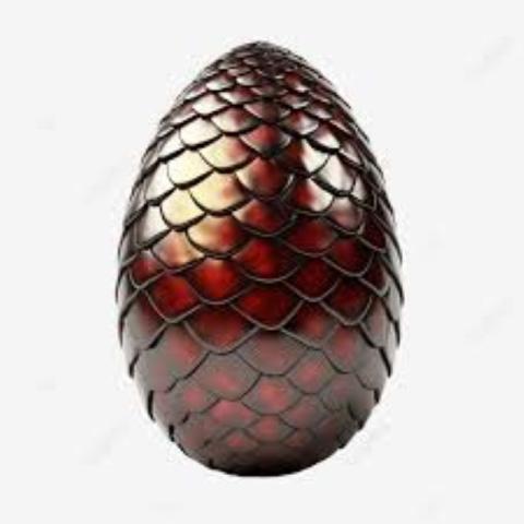 a metallic egg with garnet scales