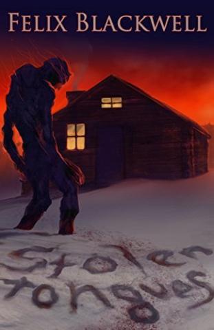 a dark, looming creature standing in the snow outside a warmly lit wooden cabin under a dramatic, fiery red and orange sky, with the book's title text carved into the snow in blood-red letters