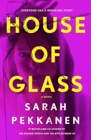 A vivid fuchsia and purple book cover with a woman leaning against cracked glass. 