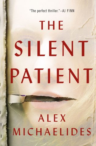 Book cover of the Silent Patient. A close up of a human face embedded in a paper. The mouth resembles a ripped piece of paper.