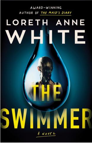 Book cover of the Swimmer, A dark blue cover with an oversized drop of water. In the drop, a reflection of the back of the head of a blonde woman with wet hair.