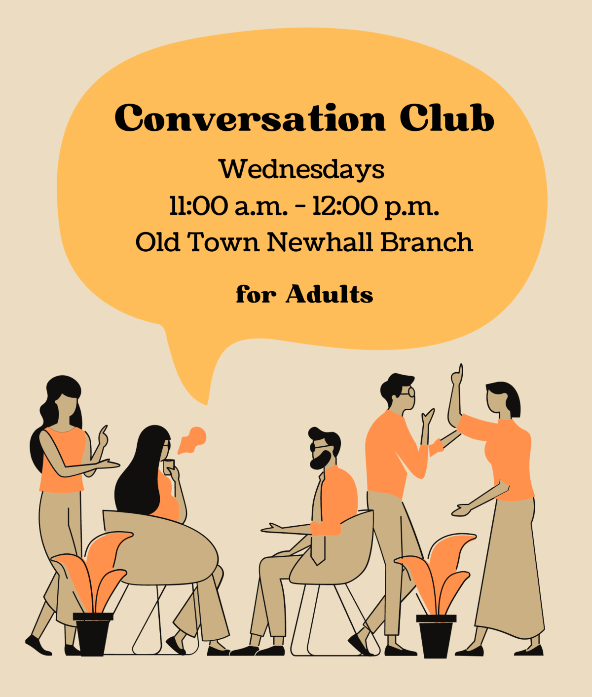 graphic of people talking flyer for Conversation Club