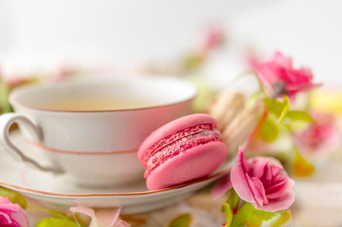 a fine porcelain tea cup and saucer with pink rosebud and pink macaroon 