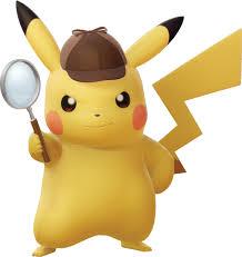 Pokemon character Pikachu wears a detective cap and holds a magnifying glass